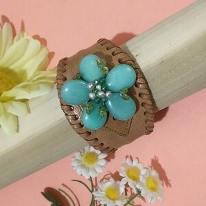 Artisan Leather and Stone Cuff Bracelet